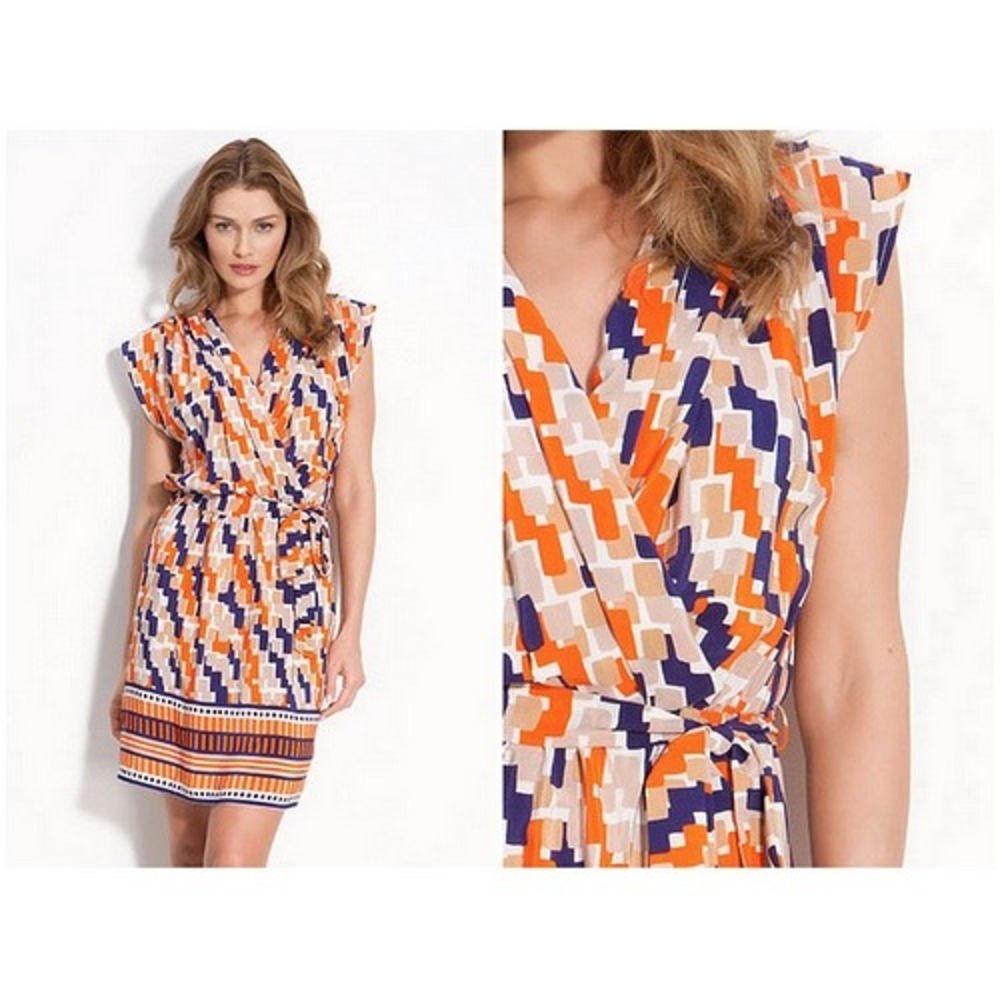 Presley Skye 100% Silk Dress Large Belted Pockets‎ Geometric Print Navy Orange